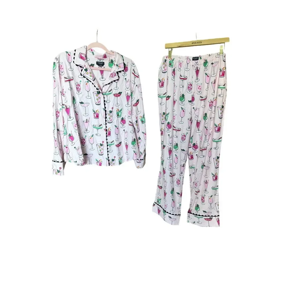 Kate spade cotton viscose flannel pajamas set martinis drinks girly XL self care